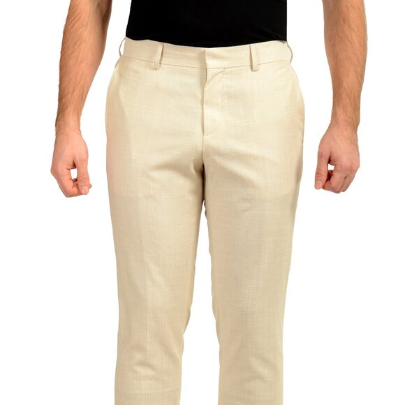 Hugo Boss H-Genius-253 Ivory Linen Wool Flat Front Dress Pants US 32R IT 48